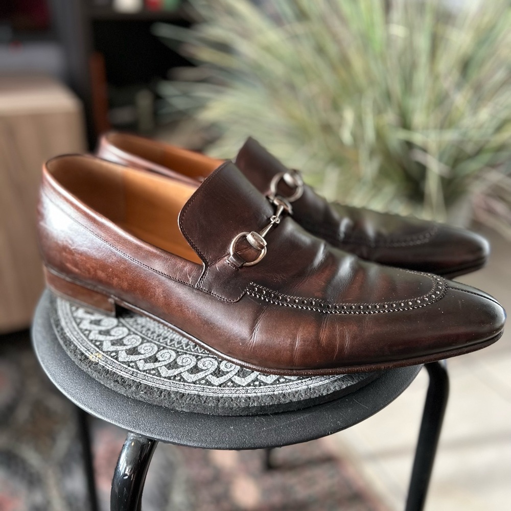 Brown size 13 leather Gucci dress loafers.